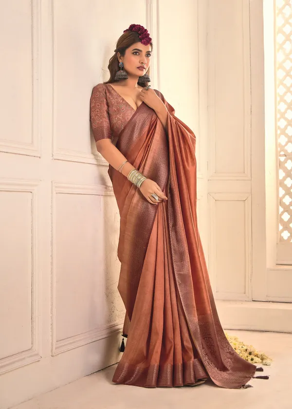 Bronze_Pure_Tusser_Silk_Shaded_Combination_With_Weaving_Zari_Border_Designer_Look_Saree