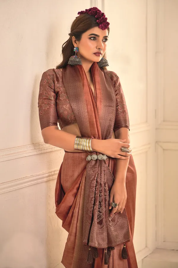 Bronze_Pure_Tusser_Silk_Shaded_Combination_With_Weaving_Zari_Border_Designer_Look_Saree