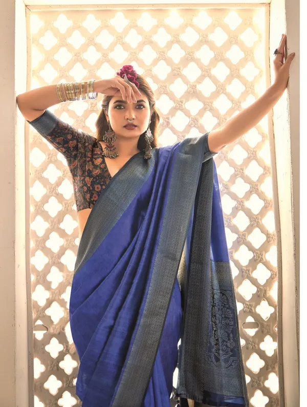 Royal_Blue_Pure_Tusser_Silk_Shaded_Combination_With_Weaving_Zari_Border_Designer_Look_Saree