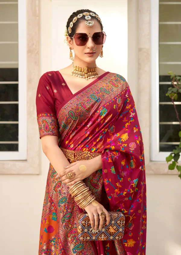 Multicolor_Real_Pashmina_Silk_Fabric_With_Attractive_All_Over_Print_&_Foil_Touch_With_Keri_Print_&_Grounded_Tussels.