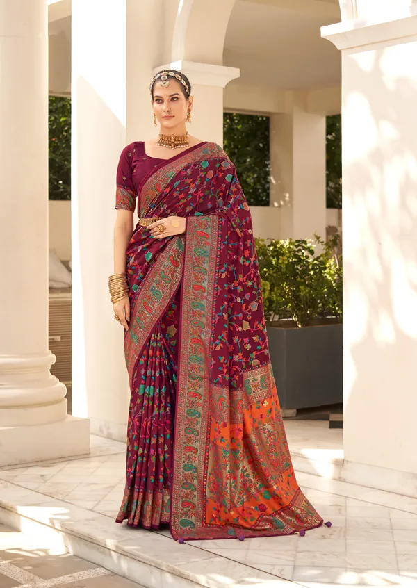 Multicolor_Real_Pashmina_Silk_Fabric_With_Attractive_All_Over_Print_&_Foil_Touch_With_Keri_Print_&_Grounded_Tussels.