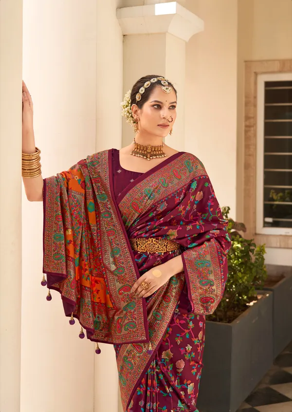 Multicolor_Real_Pashmina_Silk_Fabric_With_Attractive_All_Over_Print_&_Foil_Touch_With_Keri_Print_&_Grounded_Tussels.
