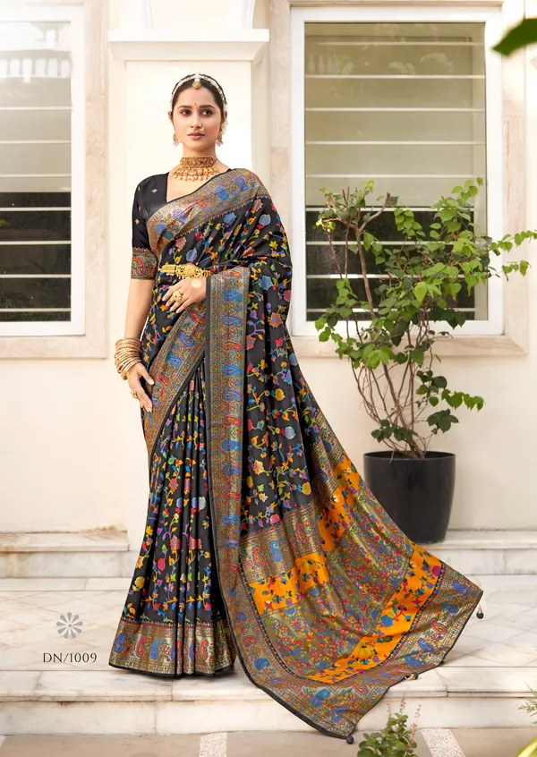 Multicolor_Real_Pashmina_Silk_Fabric_With_Attractive_All_Over_Print_&_Foil_Touch_With_Keri_Print_&_Grounded_Tussels.