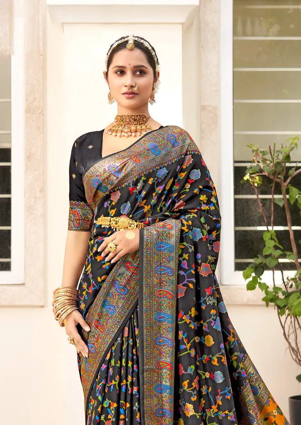 Multicolor_Real_Pashmina_Silk_Fabric_With_Attractive_All_Over_Print_&_Foil_Touch_With_Keri_Print_&_Grounded_Tussels.
