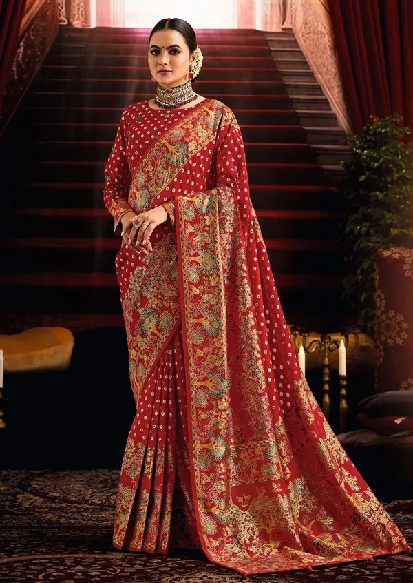 Red_Wealvet_Tusser_Silk_Fabric_With_Attractive_Kalamkari_Hand_Painted_&_Foil_Touch_With_Exclusive_Bandhej_Print_&_Grounded_Tussels.