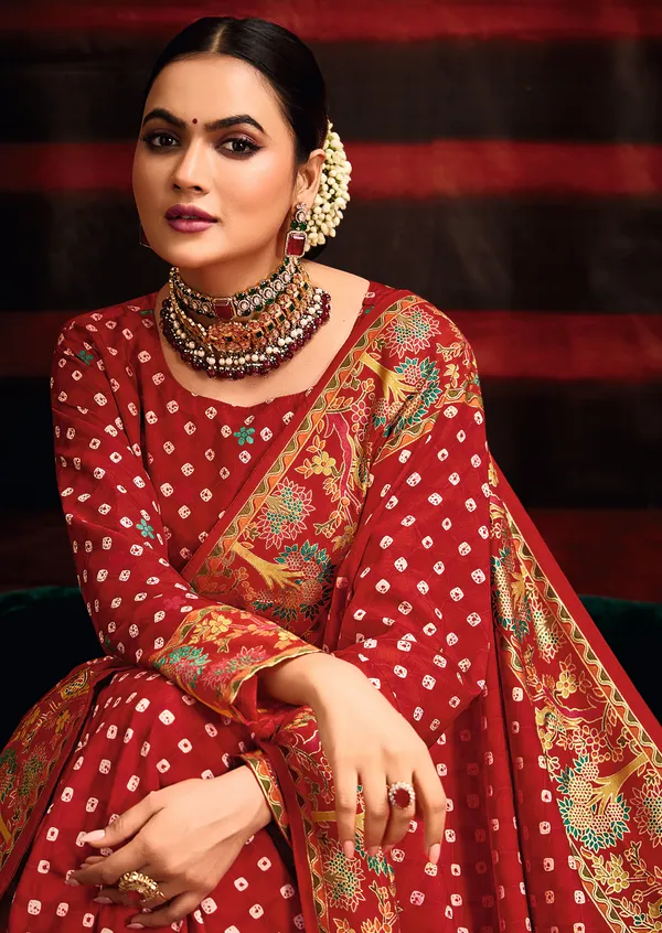 Red_Wealvet_Tusser_Silk_Fabric_With_Attractive_Kalamkari_Hand_Painted_&_Foil_Touch_With_Exclusive_Bandhej_Print_&_Grounded_Tussels.