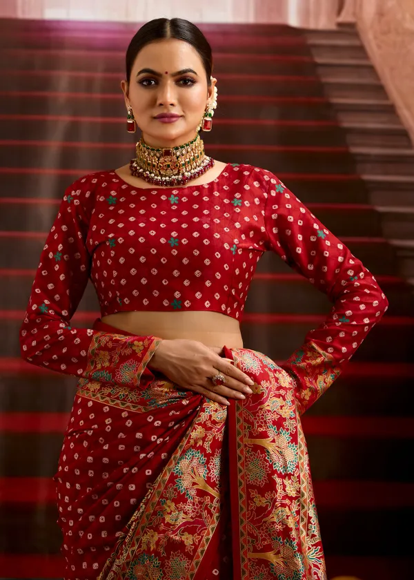 Red_Wealvet_Tusser_Silk_Fabric_With_Attractive_Kalamkari_Hand_Painted_&_Foil_Touch_With_Exclusive_Bandhej_Print_&_Grounded_Tussels.