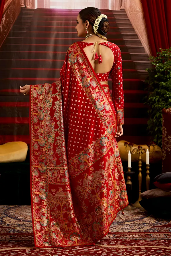 Red_Wealvet_Tusser_Silk_Fabric_With_Attractive_Kalamkari_Hand_Painted_&_Foil_Touch_With_Exclusive_Bandhej_Print_&_Grounded_Tussels.