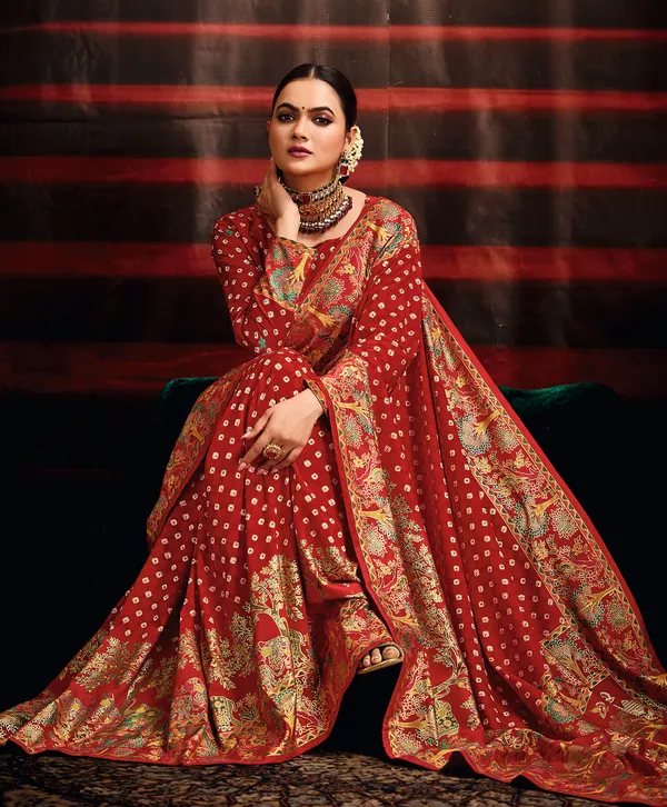 Red_Wealvet_Tusser_Silk_Fabric_With_Attractive_Kalamkari_Hand_Painted_&_Foil_Touch_With_Exclusive_Bandhej_Print_&_Grounded_Tussels.