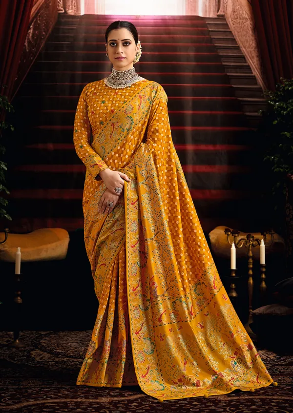 Mustard_Yellow_Wealvet_Tusser_Silk_Fabric_With_Attractive_Kalamkari_Hand_Painted_&_Foil_Touch_With_Exclusive_Bandhej_Print_&_Grounded_Tussels.