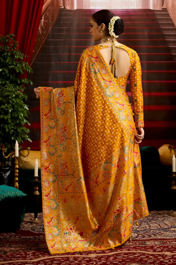 Mustard_Yellow_Wealvet_Tusser_Silk_Fabric_With_Attractive_Kalamkari_Hand_Painted_&_Foil_Touch_With_Exclusive_Bandhej_Print_&_Grounded_Tussels.