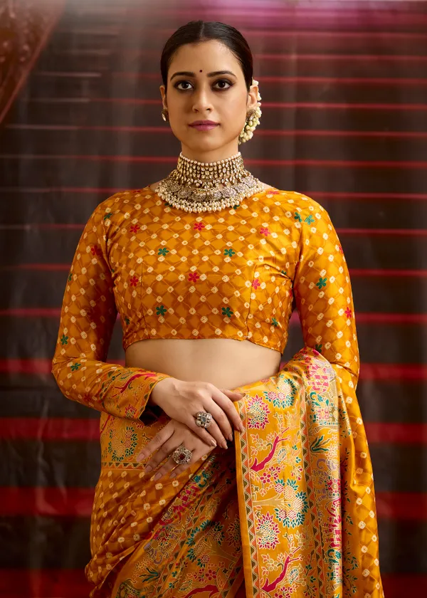 Mustard_Yellow_Wealvet_Tusser_Silk_Fabric_With_Attractive_Kalamkari_Hand_Painted_&_Foil_Touch_With_Exclusive_Bandhej_Print_&_Grounded_Tussels.