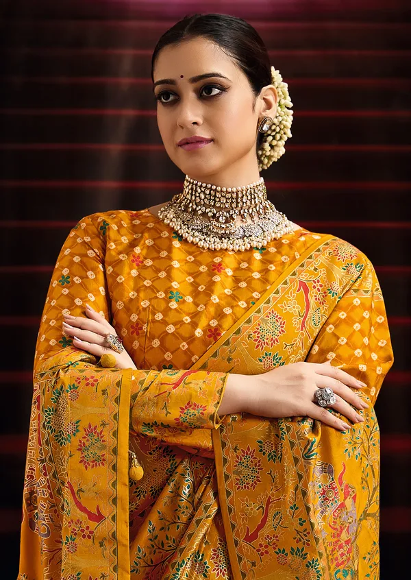 Mustard_Yellow_Wealvet_Tusser_Silk_Fabric_With_Attractive_Kalamkari_Hand_Painted_&_Foil_Touch_With_Exclusive_Bandhej_Print_&_Grounded_Tussels.
