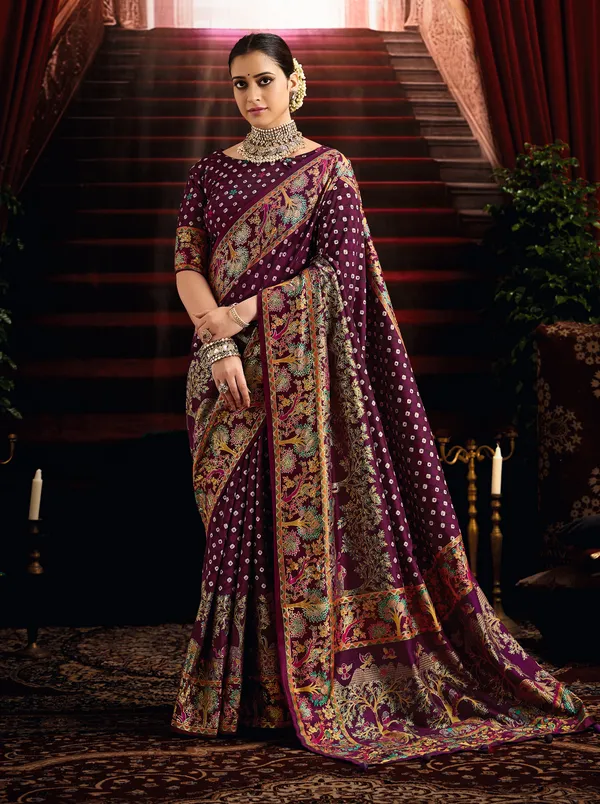 Purple_Falsa_Wealvet_Tusser_Silk_Fabric_With_Attractive_Kalamkari_Hand_Painted_&_Foil_Touch_With_Exclusive_Bandhej_Print_&_Grounded_Tussels.