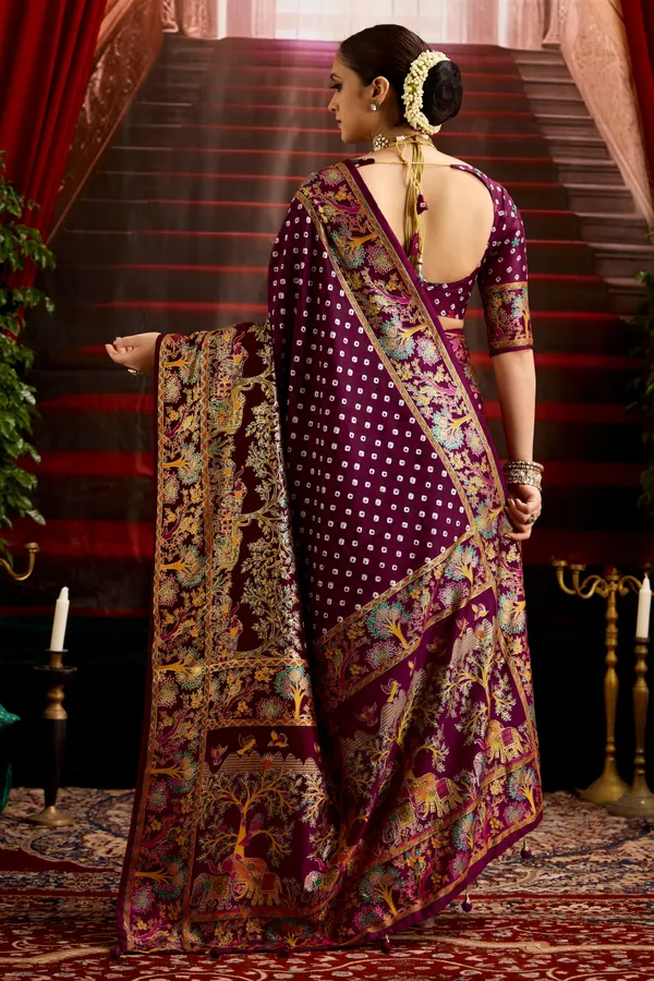 Purple_Falsa_Wealvet_Tusser_Silk_Fabric_With_Attractive_Kalamkari_Hand_Painted_&_Foil_Touch_With_Exclusive_Bandhej_Print_&_Grounded_Tussels.