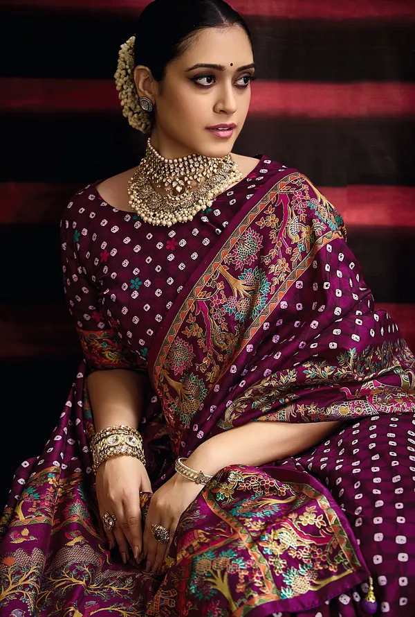 Purple_Falsa_Wealvet_Tusser_Silk_Fabric_With_Attractive_Kalamkari_Hand_Painted_&_Foil_Touch_With_Exclusive_Bandhej_Print_&_Grounded_Tussels.