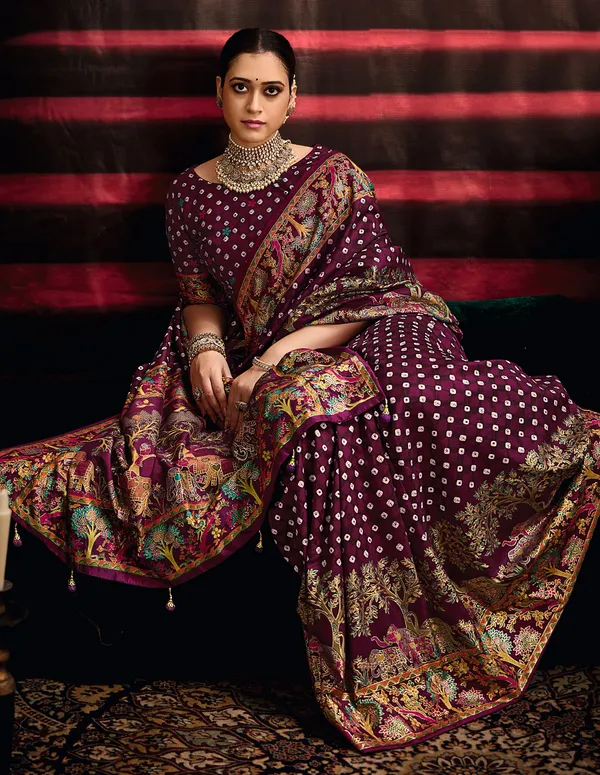 Purple_Falsa_Wealvet_Tusser_Silk_Fabric_With_Attractive_Kalamkari_Hand_Painted_&_Foil_Touch_With_Exclusive_Bandhej_Print_&_Grounded_Tussels.
