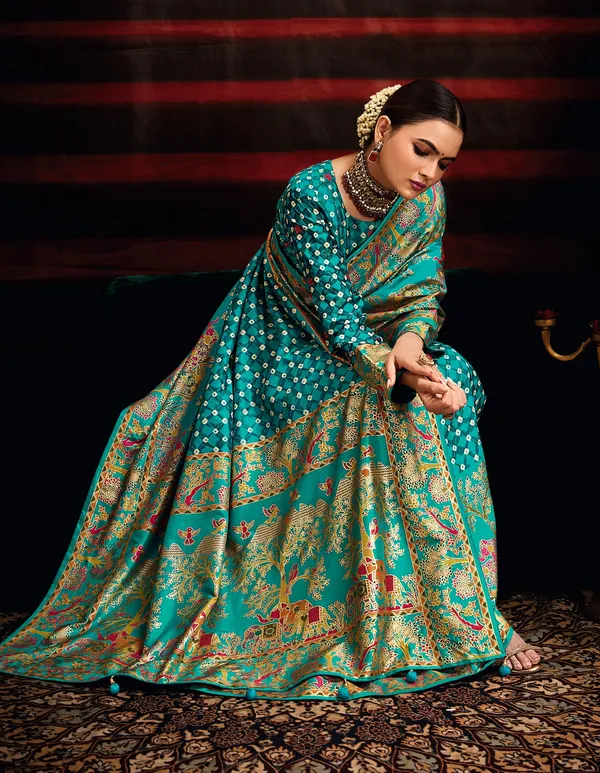 Pacific_Blue_Wealvet_Tusser_Silk_Fabric_With_Attractive_Kalamkari_Hand_Painted_&_Foil_Touch_With_Exclusive_Bandhej_Print_&_Grounded_Tussels.
