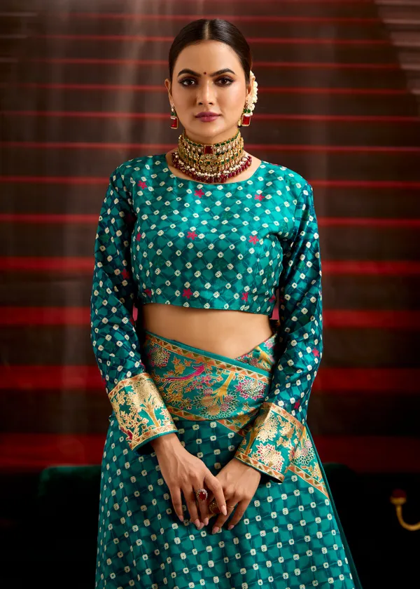 Pacific_Blue_Wealvet_Tusser_Silk_Fabric_With_Attractive_Kalamkari_Hand_Painted_&_Foil_Touch_With_Exclusive_Bandhej_Print_&_Grounded_Tussels.