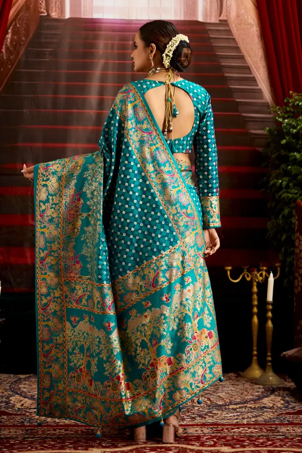 Pacific_Blue_Wealvet_Tusser_Silk_Fabric_With_Attractive_Kalamkari_Hand_Painted_&_Foil_Touch_With_Exclusive_Bandhej_Print_&_Grounded_Tussels.