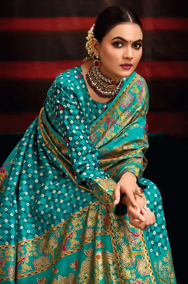 Pacific_Blue_Wealvet_Tusser_Silk_Fabric_With_Attractive_Kalamkari_Hand_Painted_&_Foil_Touch_With_Exclusive_Bandhej_Print_&_Grounded_Tussels.