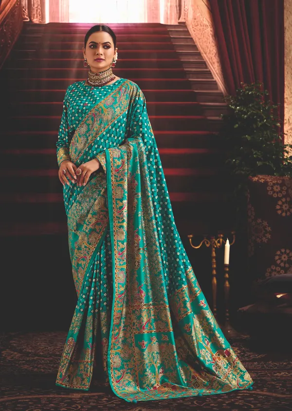 Pacific_Blue_Wealvet_Tusser_Silk_Fabric_With_Attractive_Kalamkari_Hand_Painted_&_Foil_Touch_With_Exclusive_Bandhej_Print_&_Grounded_Tussels.