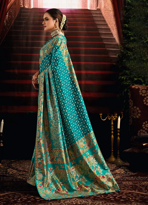 Pacific_Blue_Wealvet_Tusser_Silk_Fabric_With_Attractive_Kalamkari_Hand_Painted_&_Foil_Touch_With_Exclusive_Bandhej_Print_&_Grounded_Tussels.