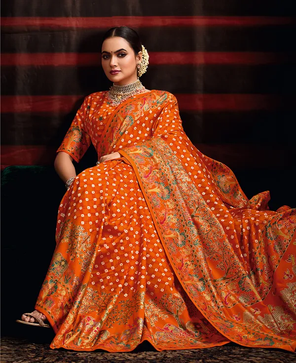 Pumpkin_Orange_Wealvet_Tusser_Silk_Fabric_With_Attractive_Kalamkari_Hand_Painted_&_Foil_Touch_With_Exclusive_Bandhej_Print_&_Grounded_Tussels.
