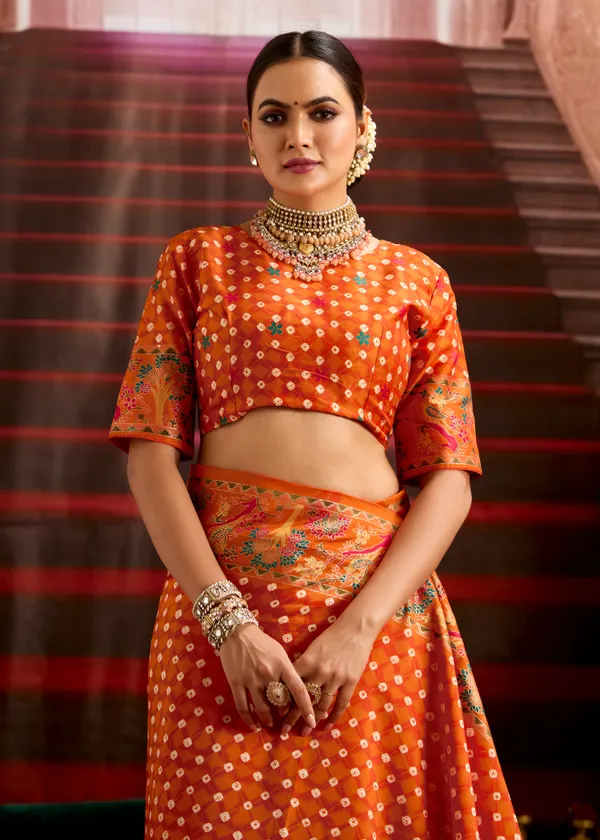 Pumpkin_Orange_Wealvet_Tusser_Silk_Fabric_With_Attractive_Kalamkari_Hand_Painted_&_Foil_Touch_With_Exclusive_Bandhej_Print_&_Grounded_Tussels.