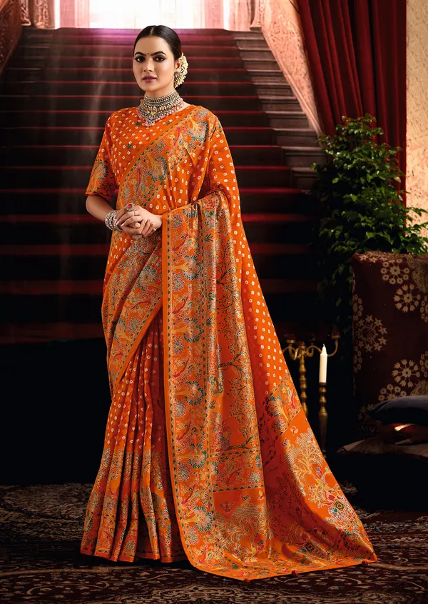 Pumpkin_Orange_Wealvet_Tusser_Silk_Fabric_With_Attractive_Kalamkari_Hand_Painted_&_Foil_Touch_With_Exclusive_Bandhej_Print_&_Grounded_Tussels.