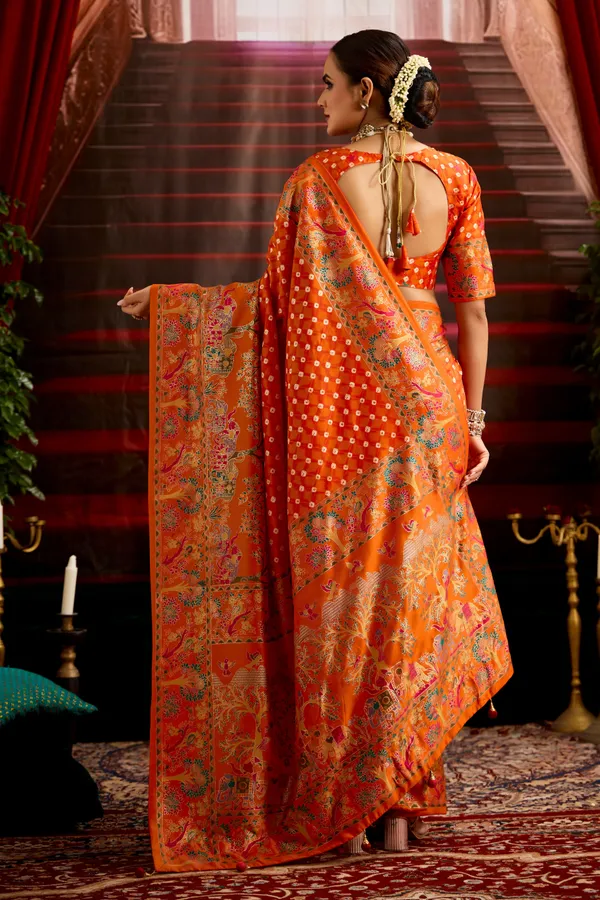 Pumpkin_Orange_Wealvet_Tusser_Silk_Fabric_With_Attractive_Kalamkari_Hand_Painted_&_Foil_Touch_With_Exclusive_Bandhej_Print_&_Grounded_Tussels.