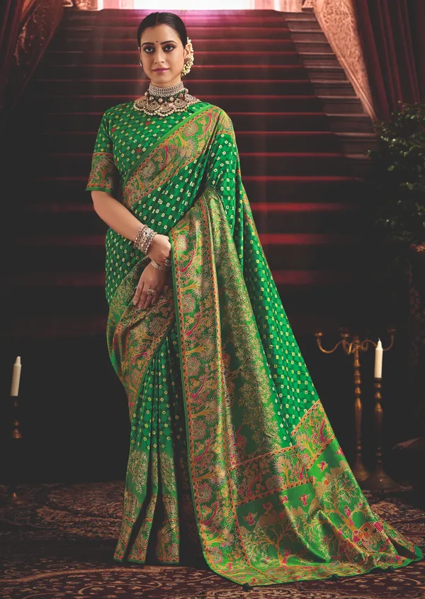 Forest_Green_Wealvet_Tusser_Silk_Fabric_With_Attractive_Kalamkari_Hand_Painted_&_Foil_Touch_With_Exclusive_Bandhej_Print_&_Grounded_Tussels.