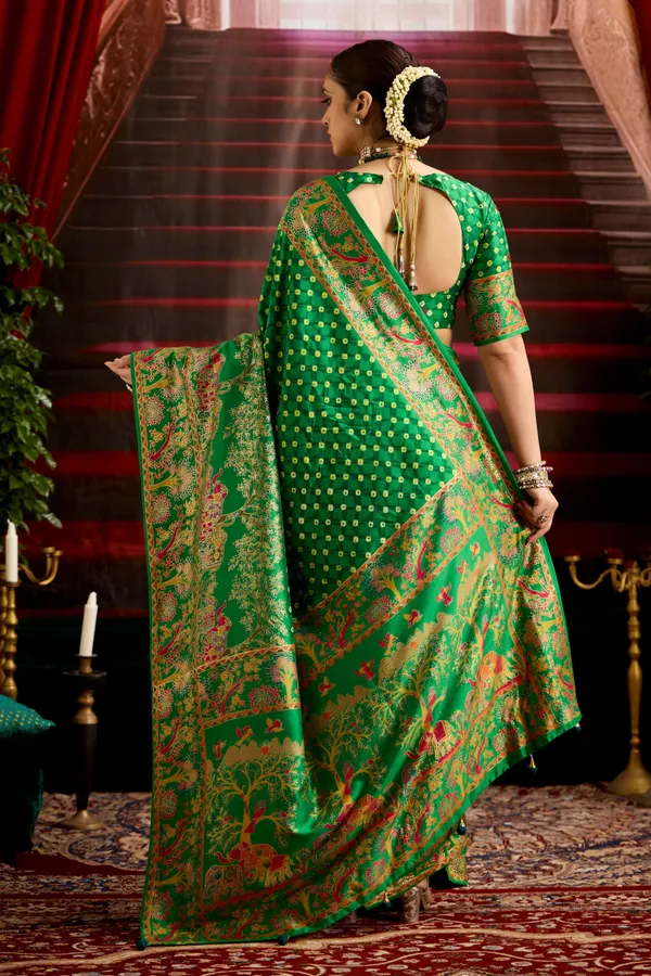 Forest_Green_Wealvet_Tusser_Silk_Fabric_With_Attractive_Kalamkari_Hand_Painted_&_Foil_Touch_With_Exclusive_Bandhej_Print_&_Grounded_Tussels.