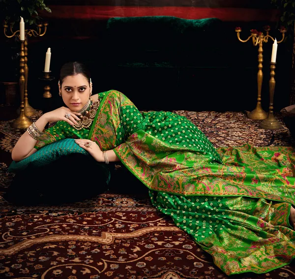 Forest_Green_Wealvet_Tusser_Silk_Fabric_With_Attractive_Kalamkari_Hand_Painted_&_Foil_Touch_With_Exclusive_Bandhej_Print_&_Grounded_Tussels.