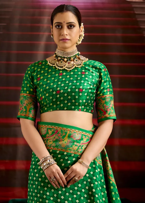 Forest_Green_Wealvet_Tusser_Silk_Fabric_With_Attractive_Kalamkari_Hand_Painted_&_Foil_Touch_With_Exclusive_Bandhej_Print_&_Grounded_Tussels.
