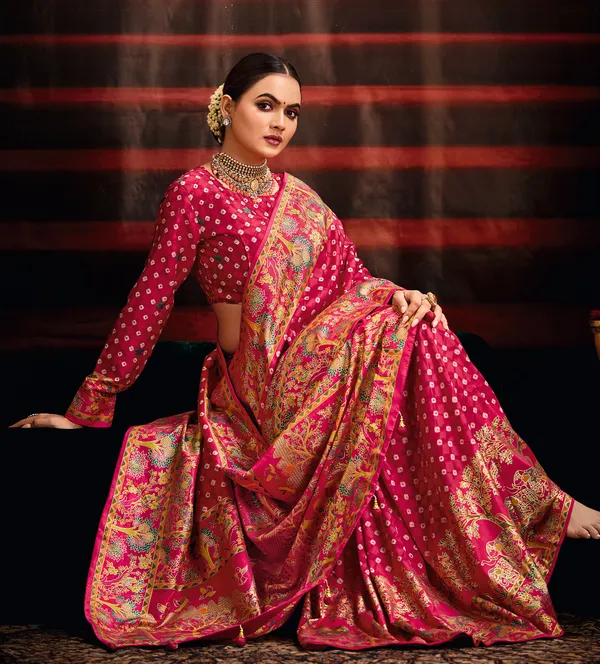 Rani_Pink_Wealvet_Tusser_Silk_Fabric_With_Attractive_Kalamkari_Hand_Painted_&_Foil_Touch_With_Exclusive_Bandhej_Print_&_Grounded_Tussels.
