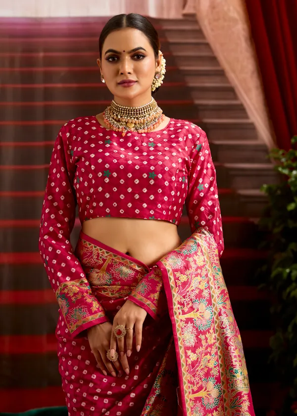 Rani_Pink_Wealvet_Tusser_Silk_Fabric_With_Attractive_Kalamkari_Hand_Painted_&_Foil_Touch_With_Exclusive_Bandhej_Print_&_Grounded_Tussels.