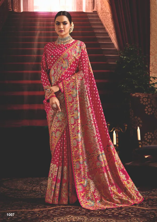 Rani_Pink_Wealvet_Tusser_Silk_Fabric_With_Attractive_Kalamkari_Hand_Painted_&_Foil_Touch_With_Exclusive_Bandhej_Print_&_Grounded_Tussels.