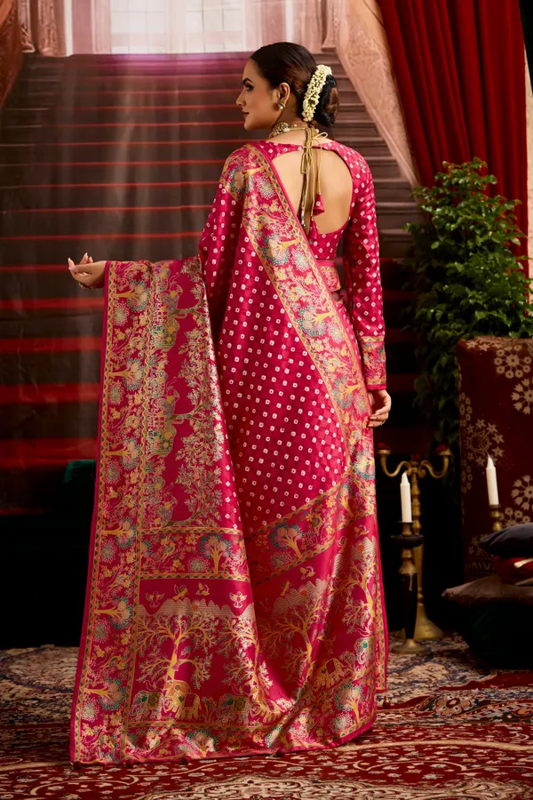 Rani_Pink_Wealvet_Tusser_Silk_Fabric_With_Attractive_Kalamkari_Hand_Painted_&_Foil_Touch_With_Exclusive_Bandhej_Print_&_Grounded_Tussels.
