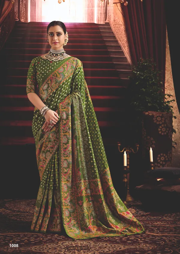 Henna_Green_Wealvet_Tusser_Silk_Fabric_With_Attractive_Kalamkari_Hand_Painted_&_Foil_Touch_With_Exclusive_Bandhej_Print_&_Grounded_Tussels.