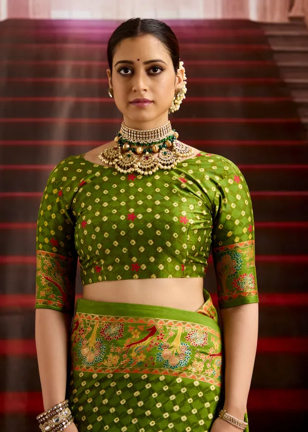 Henna_Green_Wealvet_Tusser_Silk_Fabric_With_Attractive_Kalamkari_Hand_Painted_&_Foil_Touch_With_Exclusive_Bandhej_Print_&_Grounded_Tussels.