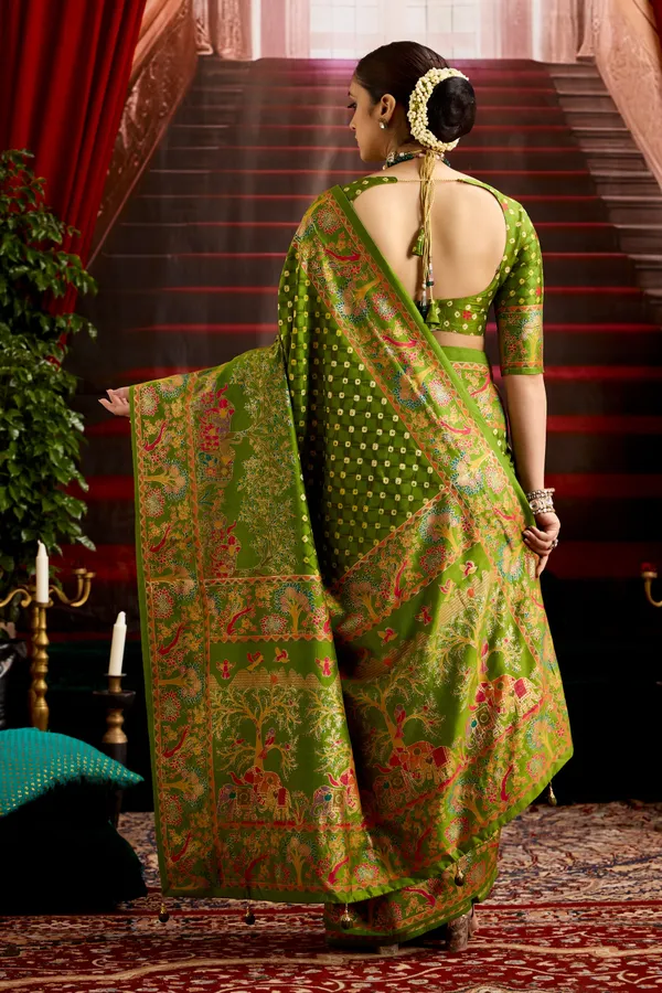 Henna_Green_Wealvet_Tusser_Silk_Fabric_With_Attractive_Kalamkari_Hand_Painted_&_Foil_Touch_With_Exclusive_Bandhej_Print_&_Grounded_Tussels.