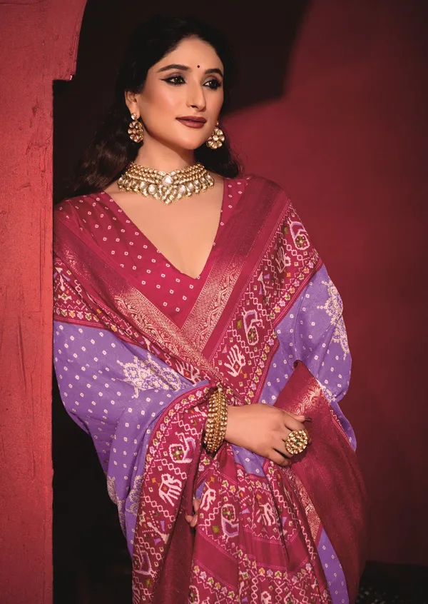 Red_&_Purple_Silk_Fabric_With_Dual_Color_Combination_Of_Exclusive_Bandhej_Print_With_Rich_Look_Jacquard_Border_Exclusive_Look_Saree