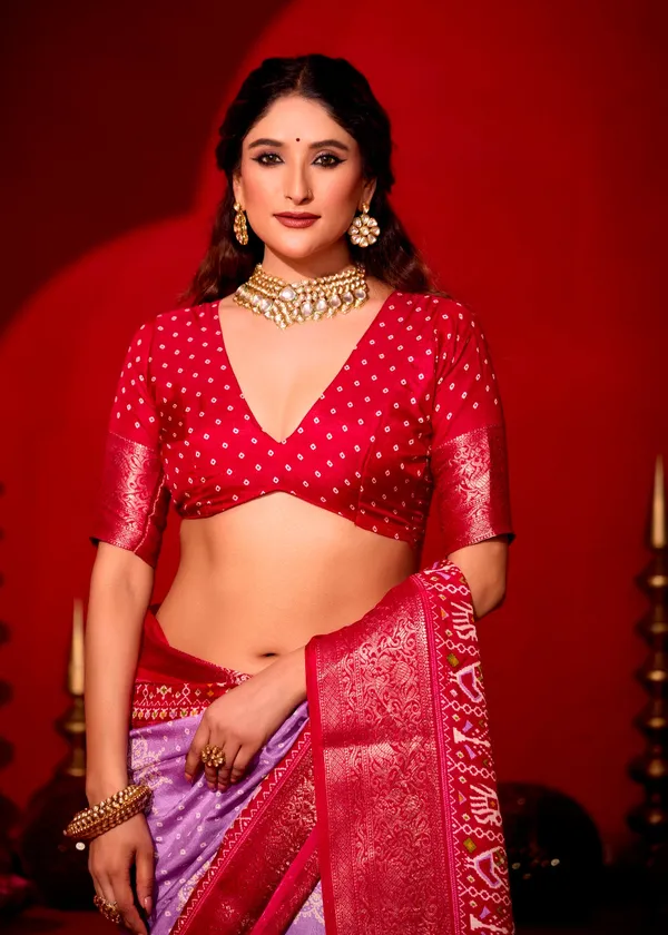 Red_&_Purple_Silk_Fabric_With_Dual_Color_Combination_Of_Exclusive_Bandhej_Print_With_Rich_Look_Jacquard_Border_Exclusive_Look_Saree