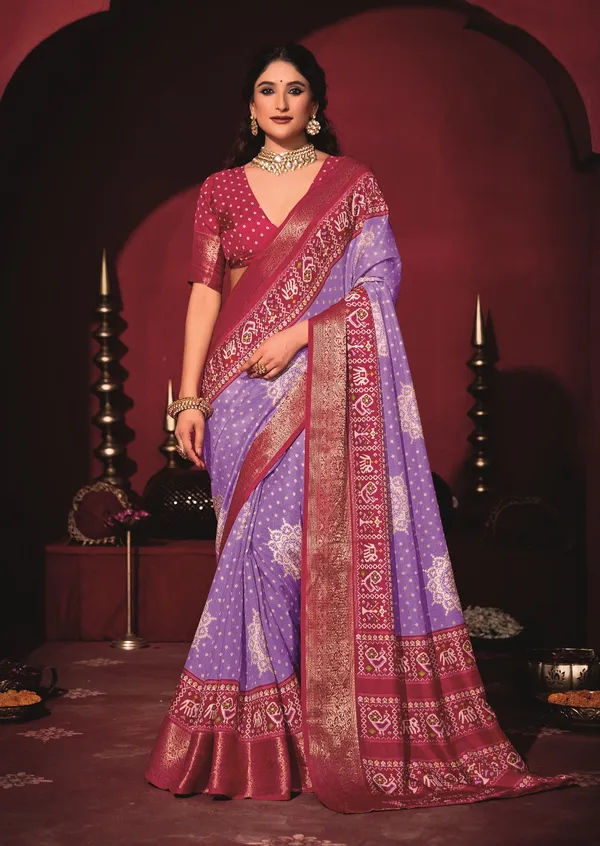 Red_&_Purple_Silk_Fabric_With_Dual_Color_Combination_Of_Exclusive_Bandhej_Print_With_Rich_Look_Jacquard_Border_Exclusive_Look_Saree
