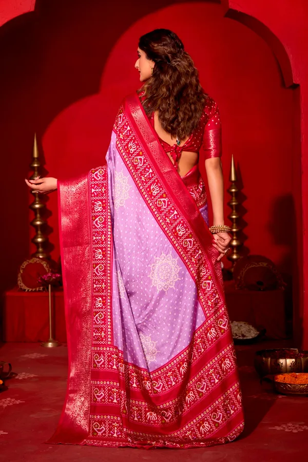 Red_&_Purple_Silk_Fabric_With_Dual_Color_Combination_Of_Exclusive_Bandhej_Print_With_Rich_Look_Jacquard_Border_Exclusive_Look_Saree