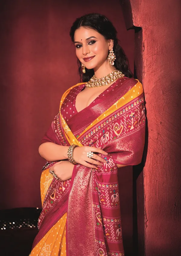 Yellow_&_Red_Pure_Silk_Fabric_With_Turmeric_Dual_Color_Combination_Of_Exclusive_Bandhej_Print_With_Rich_Look_Jacquard_Border_Exclusive_Look_Saree