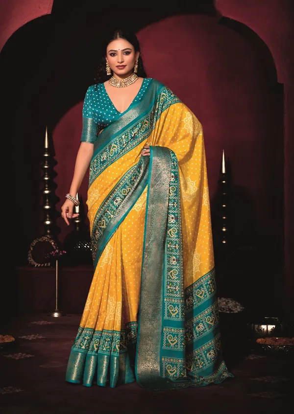 Lemon_Yellow_&_Turquoise_Blue_Pure_Silk_Fabric_With_Dual_Color_Combination_Of_Exclusive_Bandhej_Print_With_Rich_Look_Jacquard_Border_Exclusive_Look_Saree