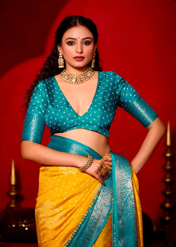 Lemon_Yellow_&_Turquoise_Blue_Pure_Silk_Fabric_With_Dual_Color_Combination_Of_Exclusive_Bandhej_Print_With_Rich_Look_Jacquard_Border_Exclusive_Look_Saree
