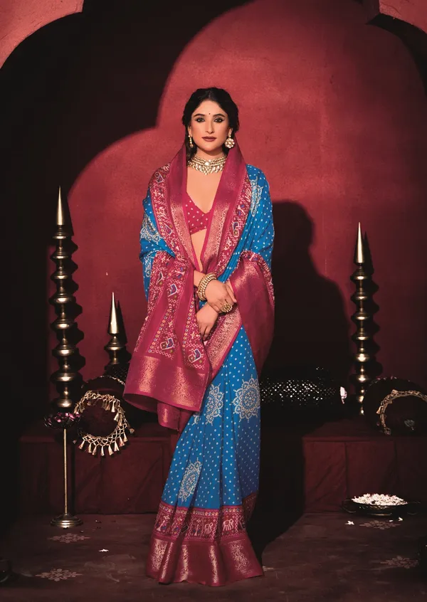 Royal_Blue_&_Red_Pure_Silk_Fabric_With_Dual_Color_Combination_Of_Exclusive_Bandhej_Print_With_Rich_Look_Jacquard_Border_Exclusive_Look_Saree